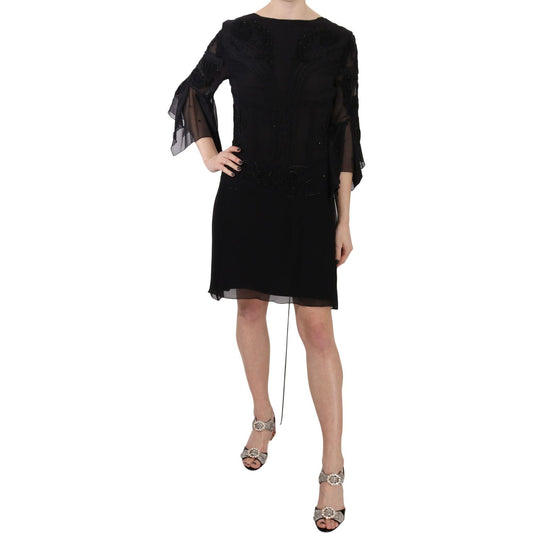 John Richmond Elegant Black Sequined Silk Mini Dress John Richmond Black