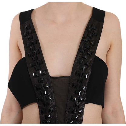 John Richmond Black Crystal Leather Gown Flare Dress Dresses