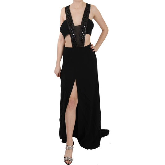 John Richmond Elegant Flare Maxi Evening Dress with Crystal Accents Dresses John Richmond Black