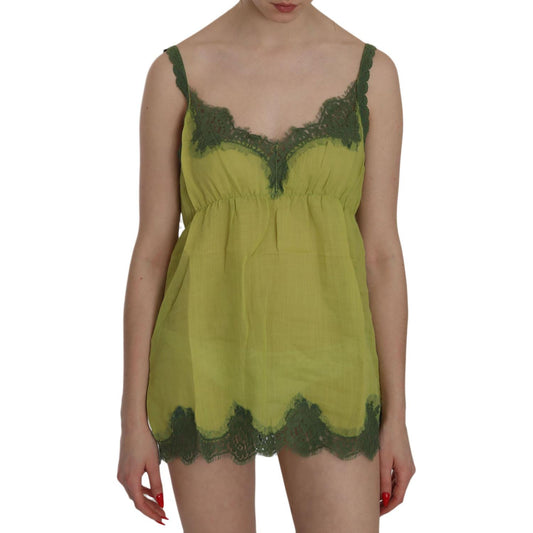 PINK MEMORIES Elegant Green Lace Linen Tank Top PINK MEMORIES Dim Gray