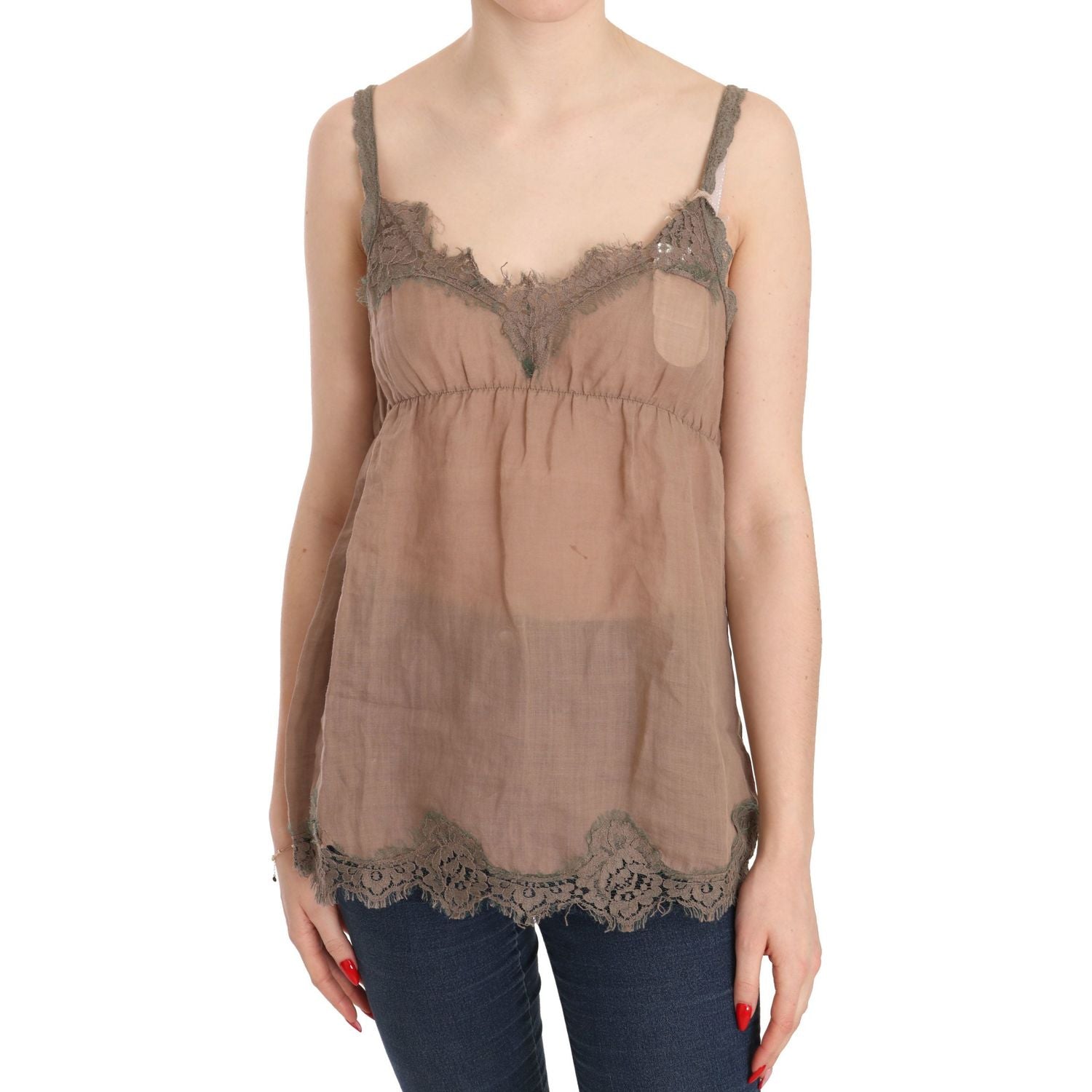 PINK MEMORIES Brown Lace Spaghetti Strap Plunging Top Blouse