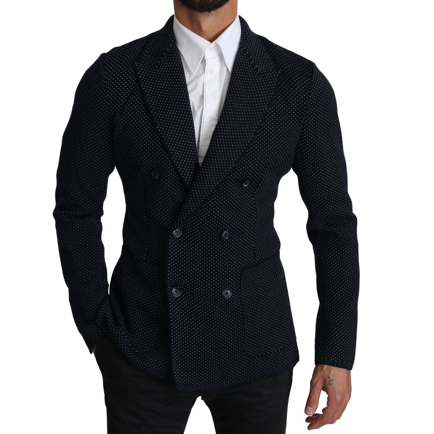 Dolce & Gabbana Dark Blue Dotted Double Breasted Coat Blazer