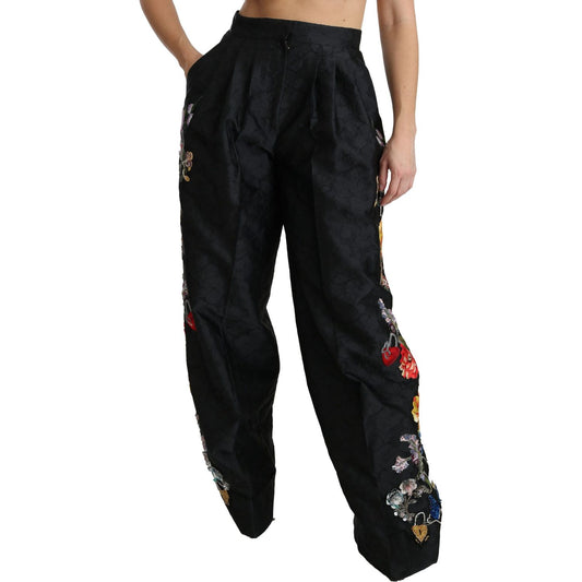 Dolce & Gabbana Elegant High Waist Wide Leg Floral Pants Dolce & Gabbana Black