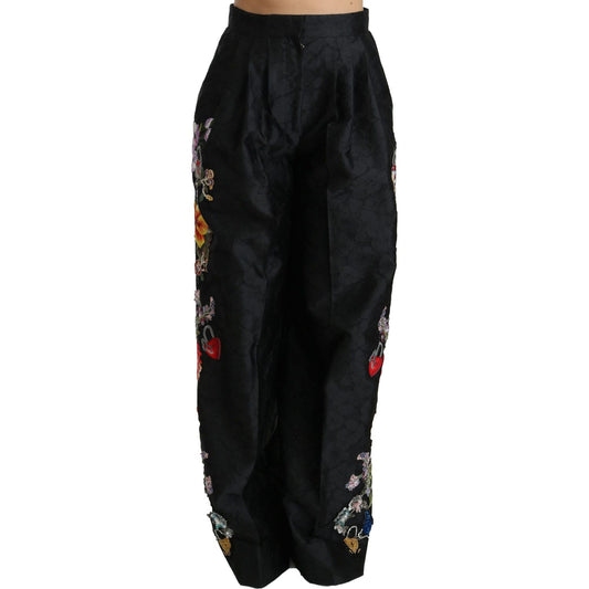 Dolce & Gabbana Elegant High Waist Wide Leg Floral Pants Dolce & Gabbana Black