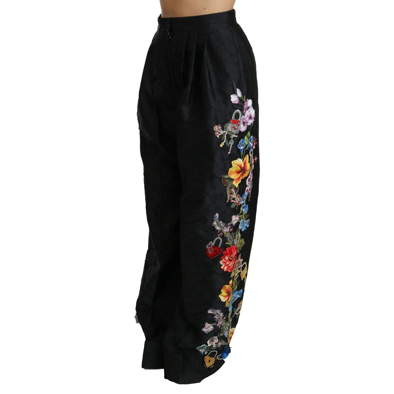 Dolce & Gabbana Black Brocade Floral Sequined Beaded Pants