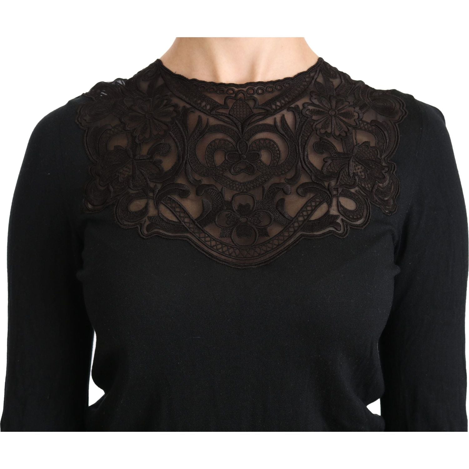 Dolce & Gabbana Black Silk Lace Crew Neck Long Sleeve Blouse