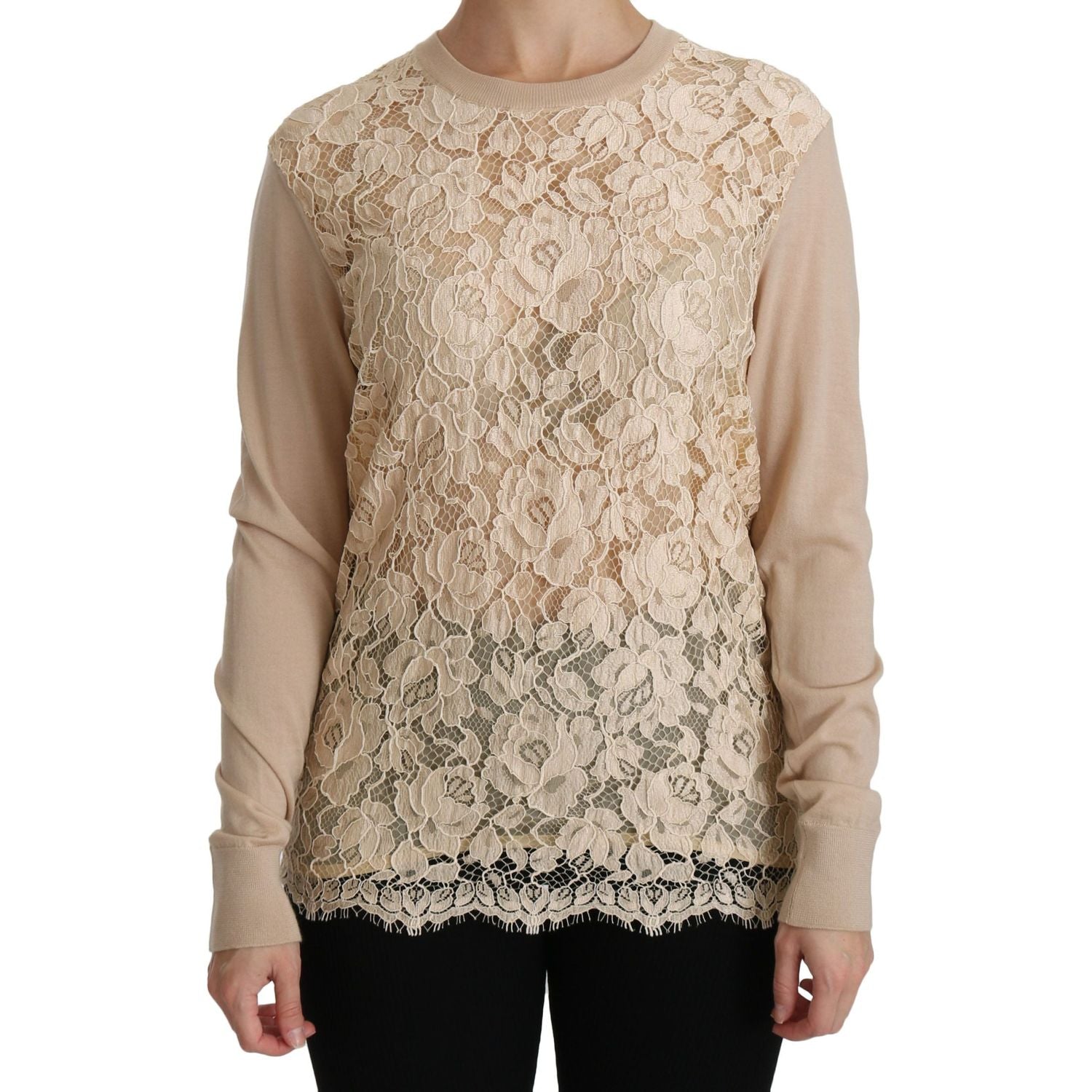 Dolce & Gabbana Beige Lace Long Sleeve Top Cashmere Blouse