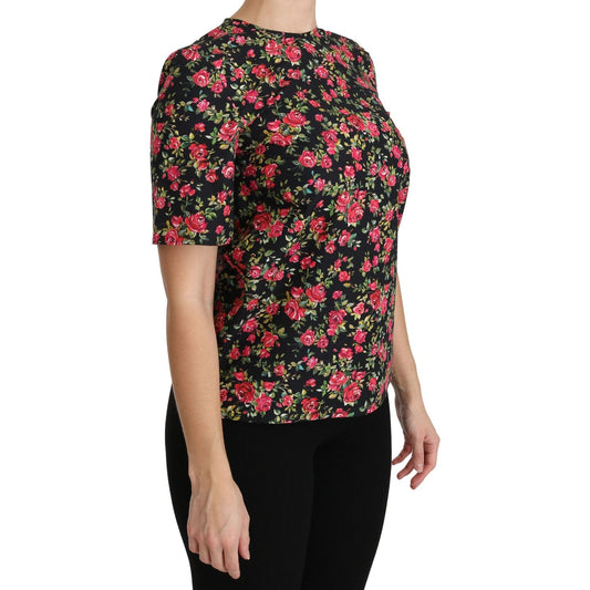 Dolce & Gabbana Elegant Black Floral Crew Neck Top Dolce & Gabbana Rosy Brown