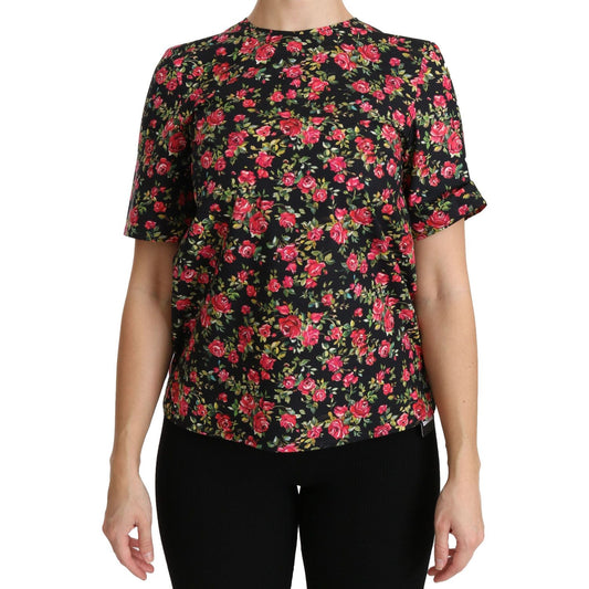 Dolce & Gabbana Elegant Black Floral Crew Neck Top Dolce & Gabbana Rosy Brown