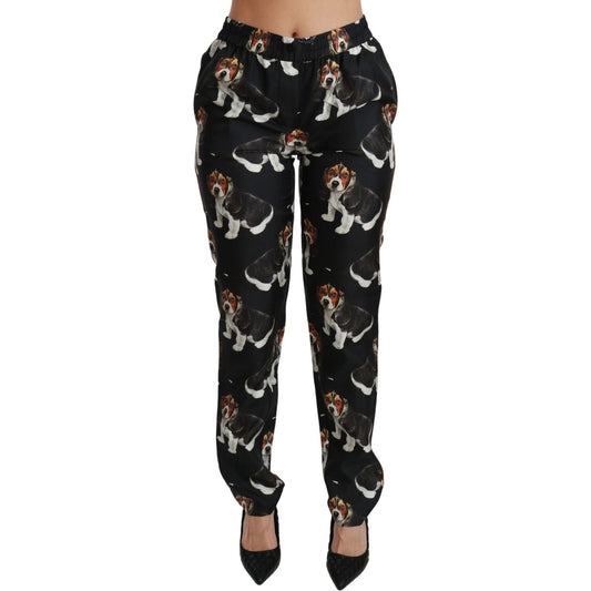 Dolce & Gabbana Elegant Silk Puppy Dog Print Pants Dolce & Gabbana Black