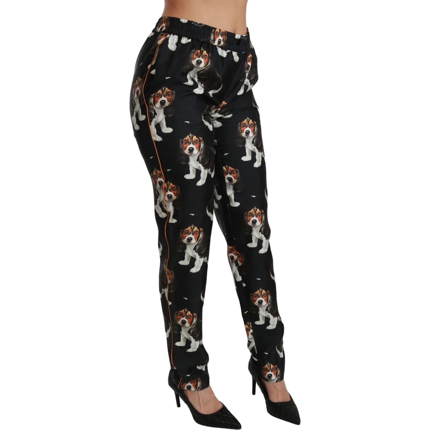 Dolce & Gabbana Black Puppy Dog Mid Waist Skinny Silk Pants