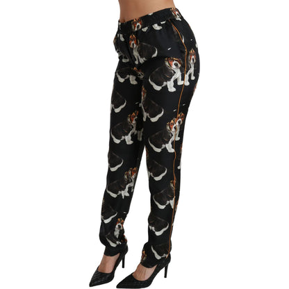 Dolce & Gabbana Black Puppy Dog Mid Waist Skinny Silk Pants