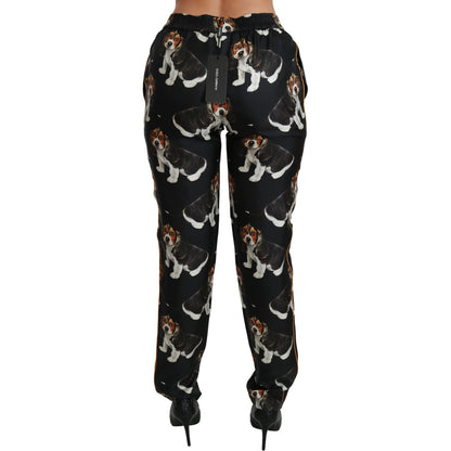 Dolce & Gabbana Black Puppy Dog Mid Waist Skinny Silk Pants