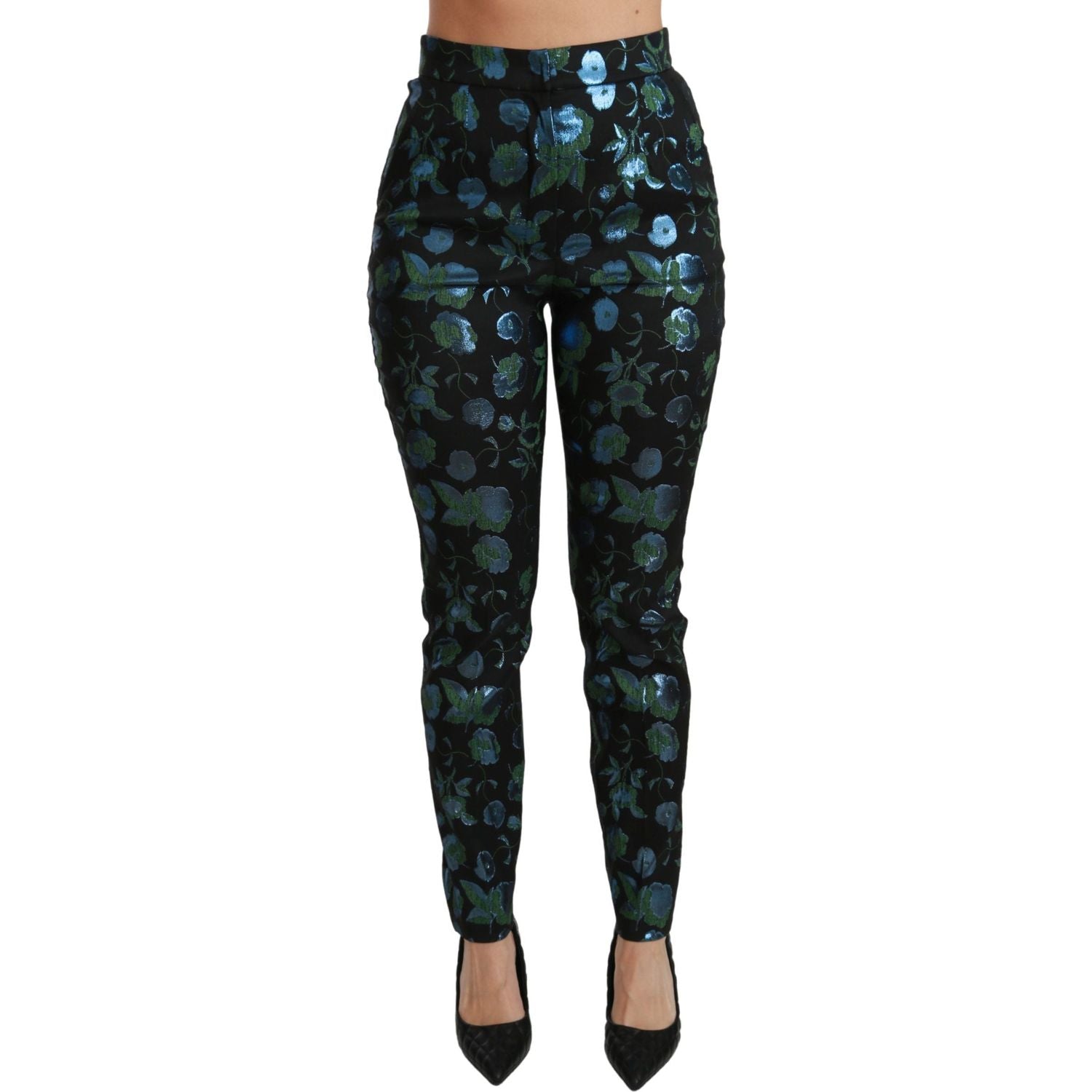 Dolce & Gabbana Blue Green Floral Metallic Slim Pants