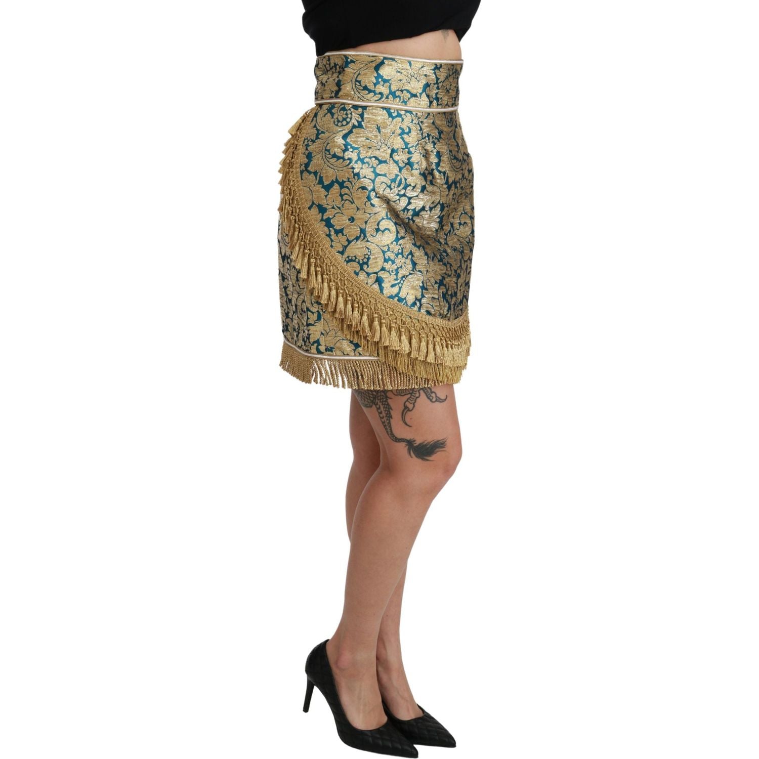 Dolce & Gabbana Blue High Waist Jacquard Tassel Gold Skirt