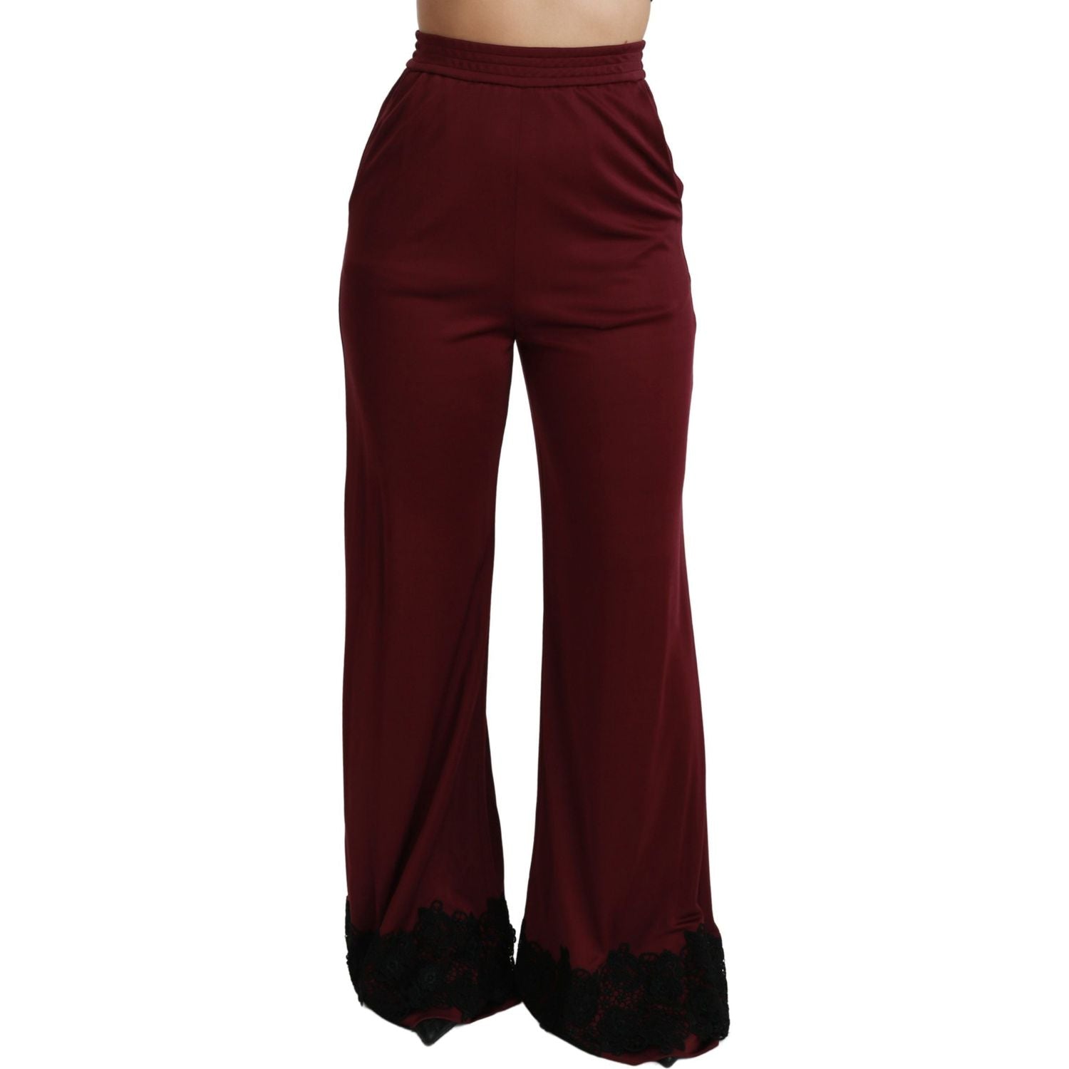 Dolce & Gabbana Black Lace High Waist Wide Leg Maroon  Pants