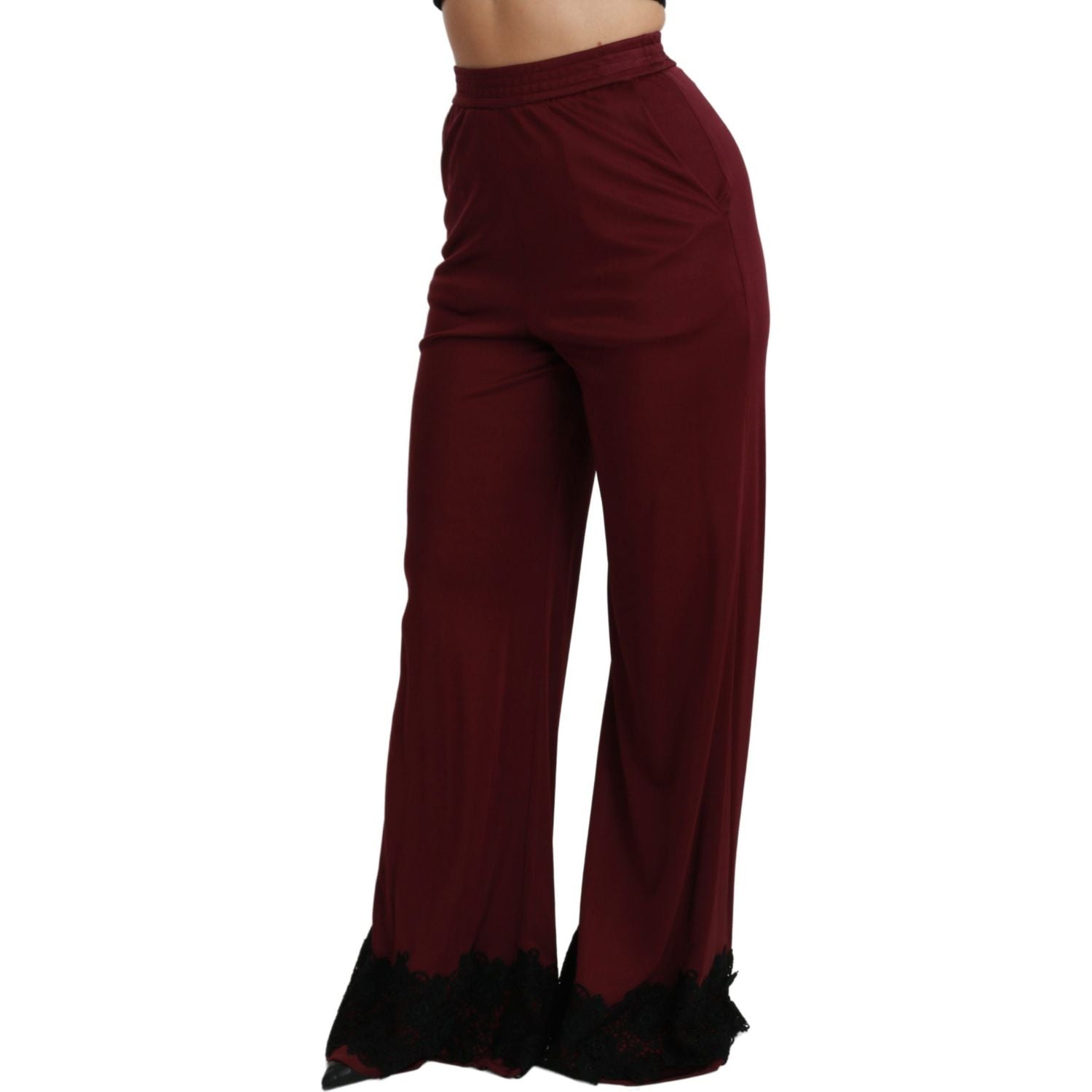 Dolce & Gabbana Black Lace High Waist Wide Leg Maroon  Pants