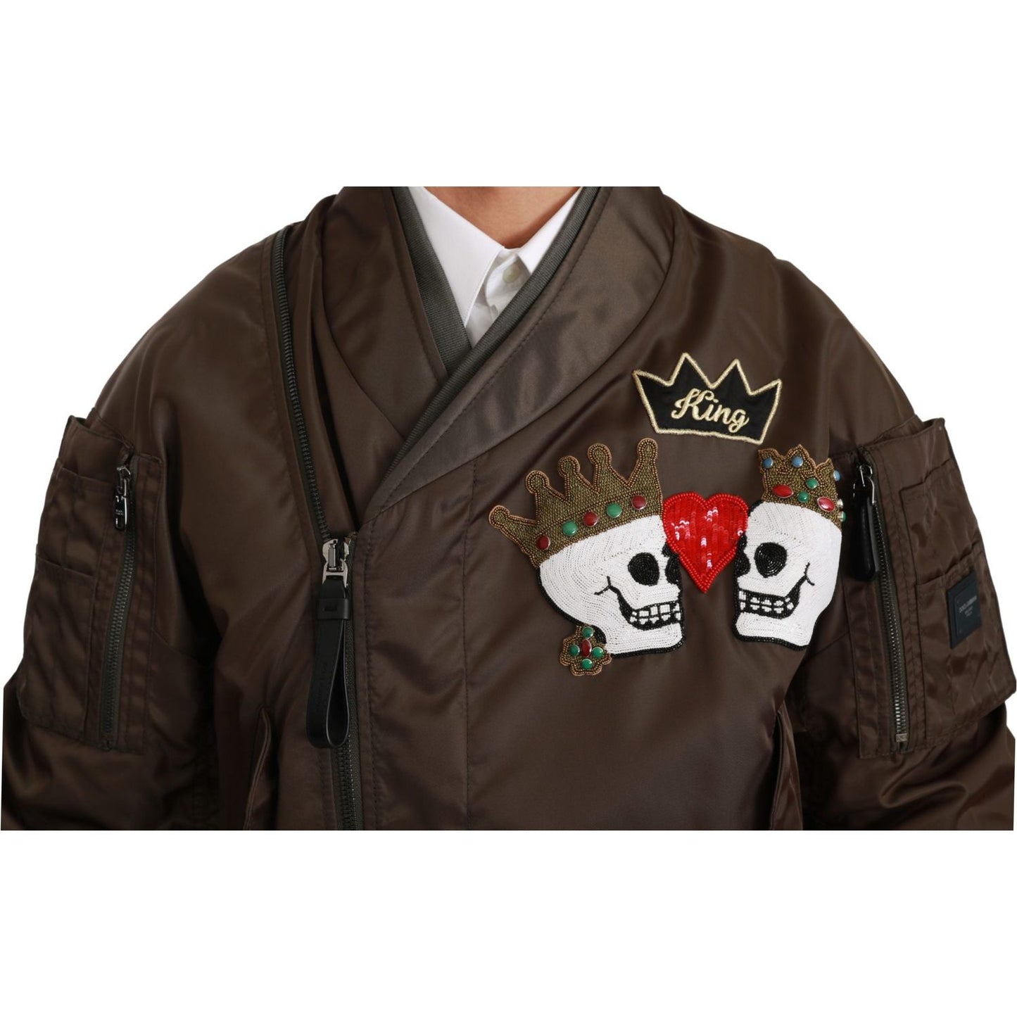 Dolce & Gabbana Brown Beaded Crown Skull Logo Jacket Coats & Jackets