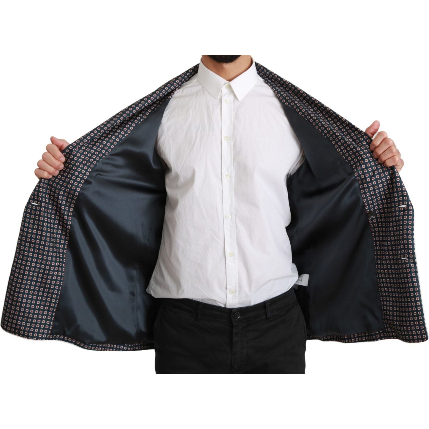 Dolce & Gabbana Navy Blue Patterned Double Breasted Coat Jacket Coats & Jackets