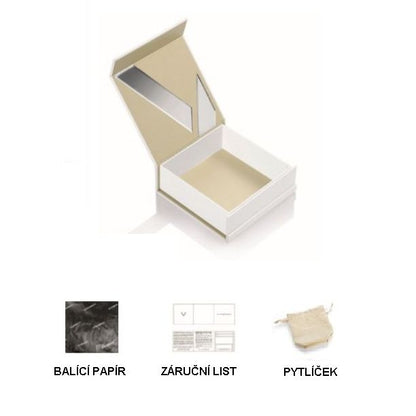 Open jewelry box with packaging materials including paper, warranty card, and pouch.