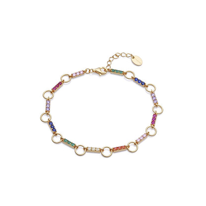 Colorful gemstone bracelet with gold links and adjustable clasp, showing vibrant jewelry design.