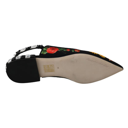 Dolce & Gabbana Black Floral Crystal Slingbacks Flats Shoes