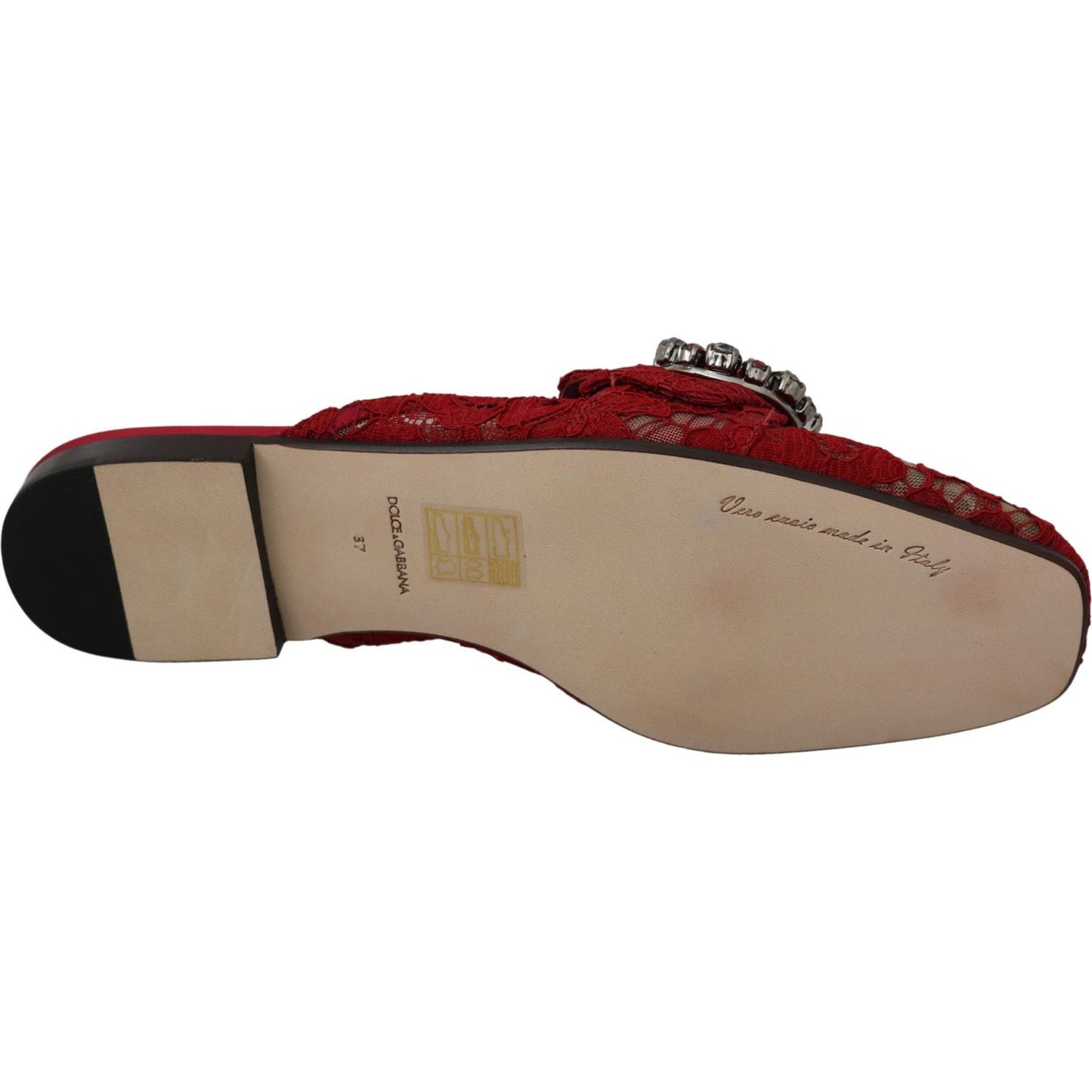 Dolce & Gabbana Red Lace Crystal Slide On Flats Shoes