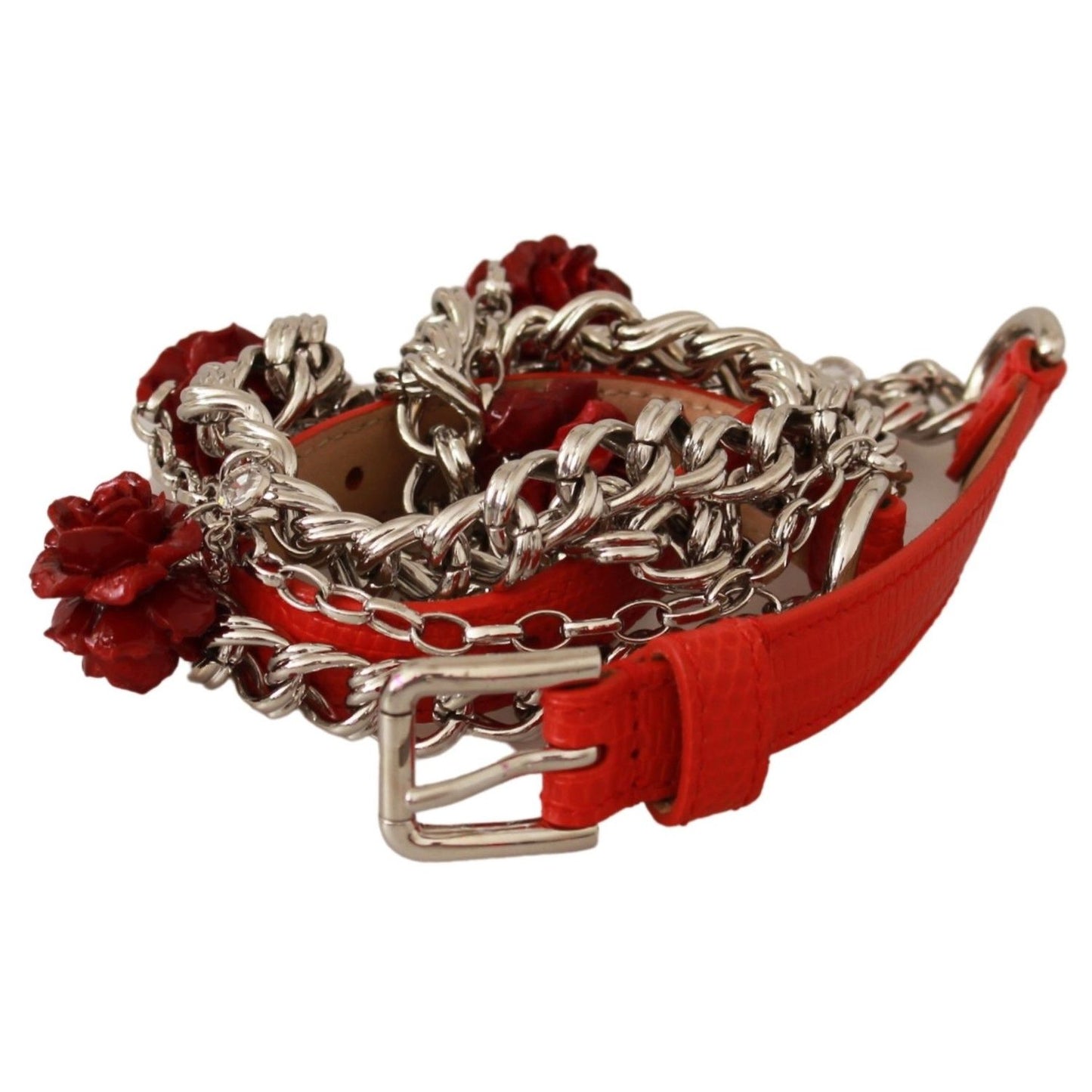 Dolce & Gabbana Red Leather Roses Floral Silver Waist Belt Belt
