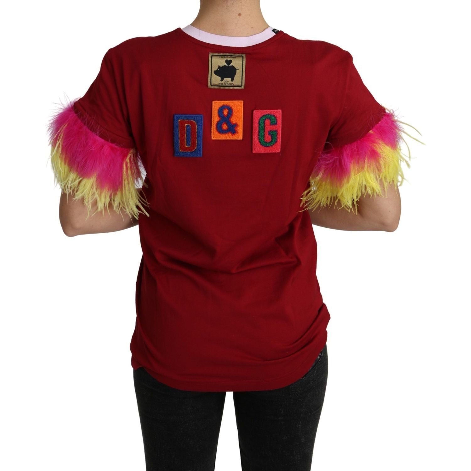 Dolce & Gabbana Red Pig Print Feather Sleeves T-shirt Top