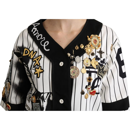 Dolce & Gabbana White and black Blouse Cotton Crystal Charms Amore Shirt