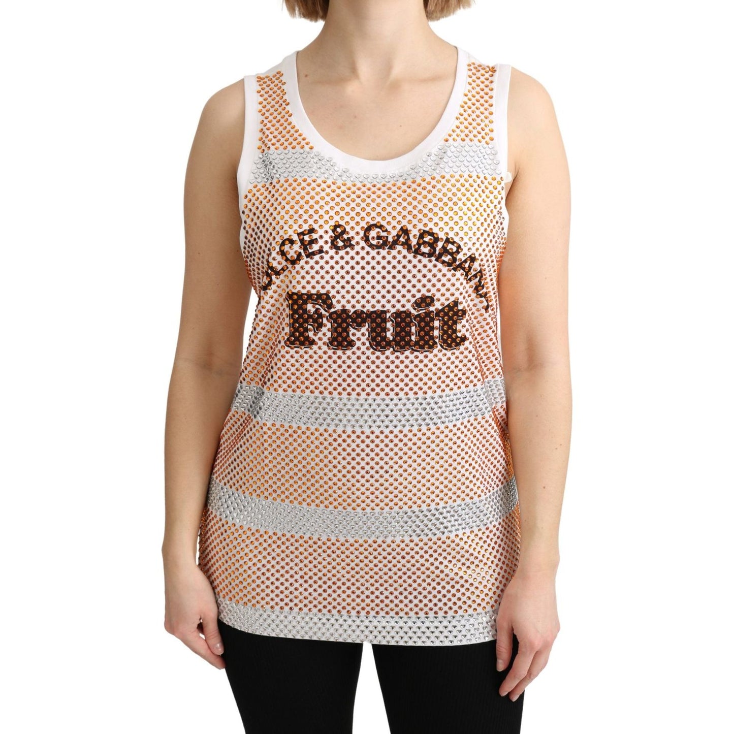 Dolce & Gabbana White Orange Crystal Sleeveless Tank Cotton Top