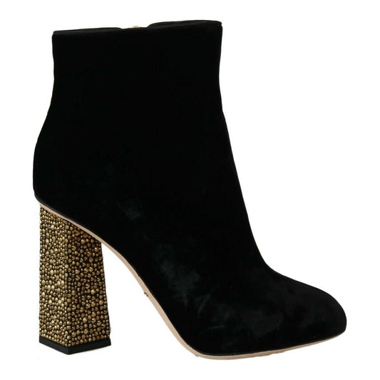 Dolce & Gabbana Elegant Velvet Ankle Boots with Crystal Heels Dolce & Gabbana Black