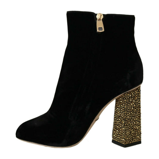 Dolce & Gabbana Elegant Velvet Ankle Boots with Crystal Heels Dolce & Gabbana Black