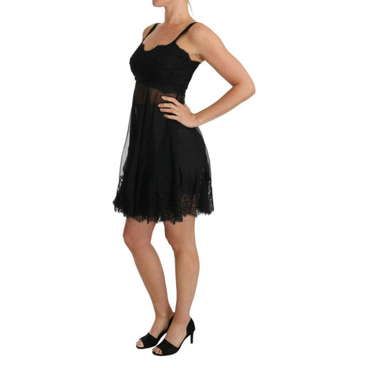 Dolce & Gabbana Elegant Black Silk Floral Lace Chemise Dress Dolce & Gabbana Tan