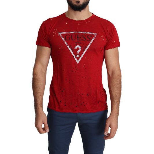 Guess Red Cotton Logo Print Men Casual Top Perforated T-shirt