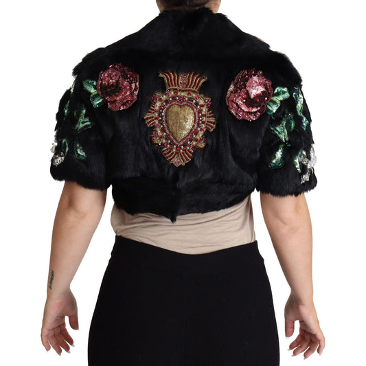Dolce & Gabbana Elegant Black Rabbit Fur Crystal Jacket Dolce & Gabbana Rosy Brown