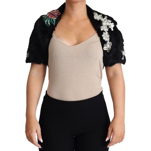 Dolce & Gabbana Elegant Black Rabbit Fur Crystal Jacket Dolce & Gabbana Black