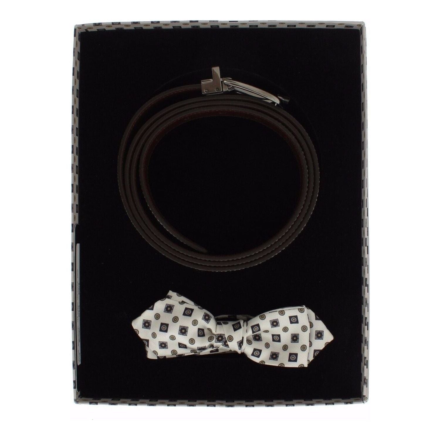 Dolce & Gabbana White Silk Bowtie Leather Men Belt Gift Box