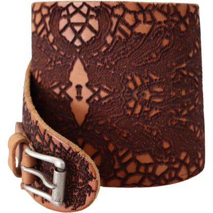 Scervino Street Brown Wide Leather Embroidered Design Logo Belt Belt