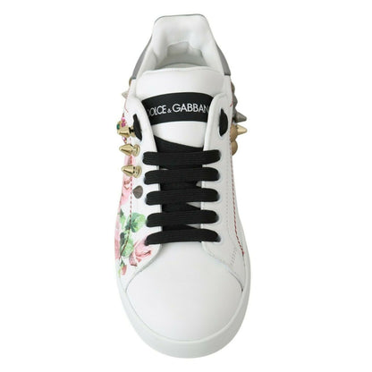 Dolce & Gabbana White Leather Crystal Roses Floral Sneakers Shoes