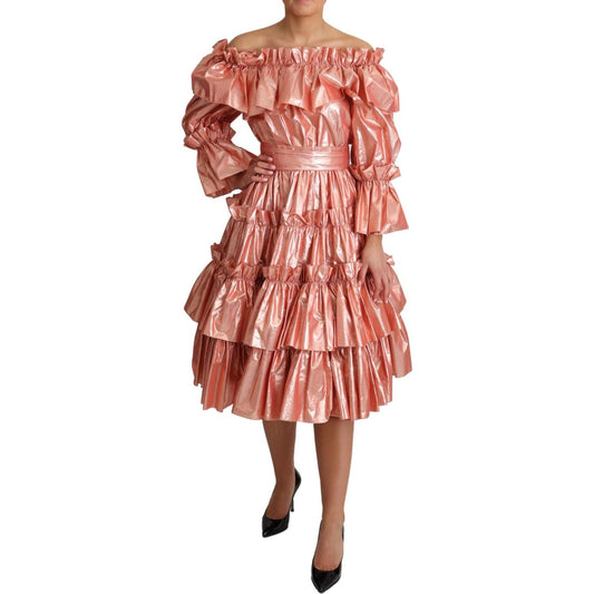 Dolce & Gabbana Pink Metallic Ruffled Gown Elegance Dolce & Gabbana Rosy Brown