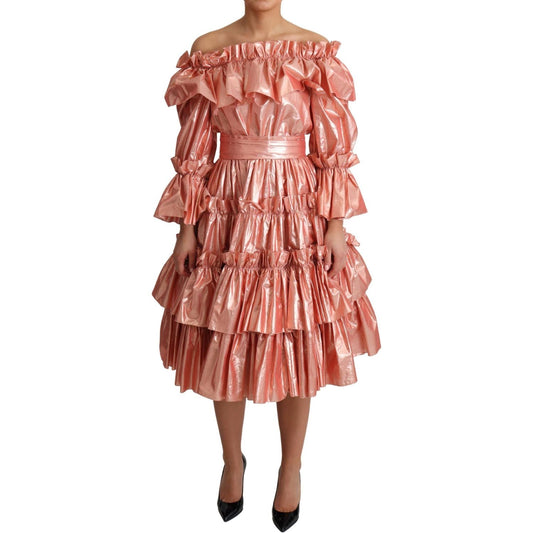 Dolce & Gabbana Pink Metallic Ruffled Gown Elegance Dolce & Gabbana Rosy Brown