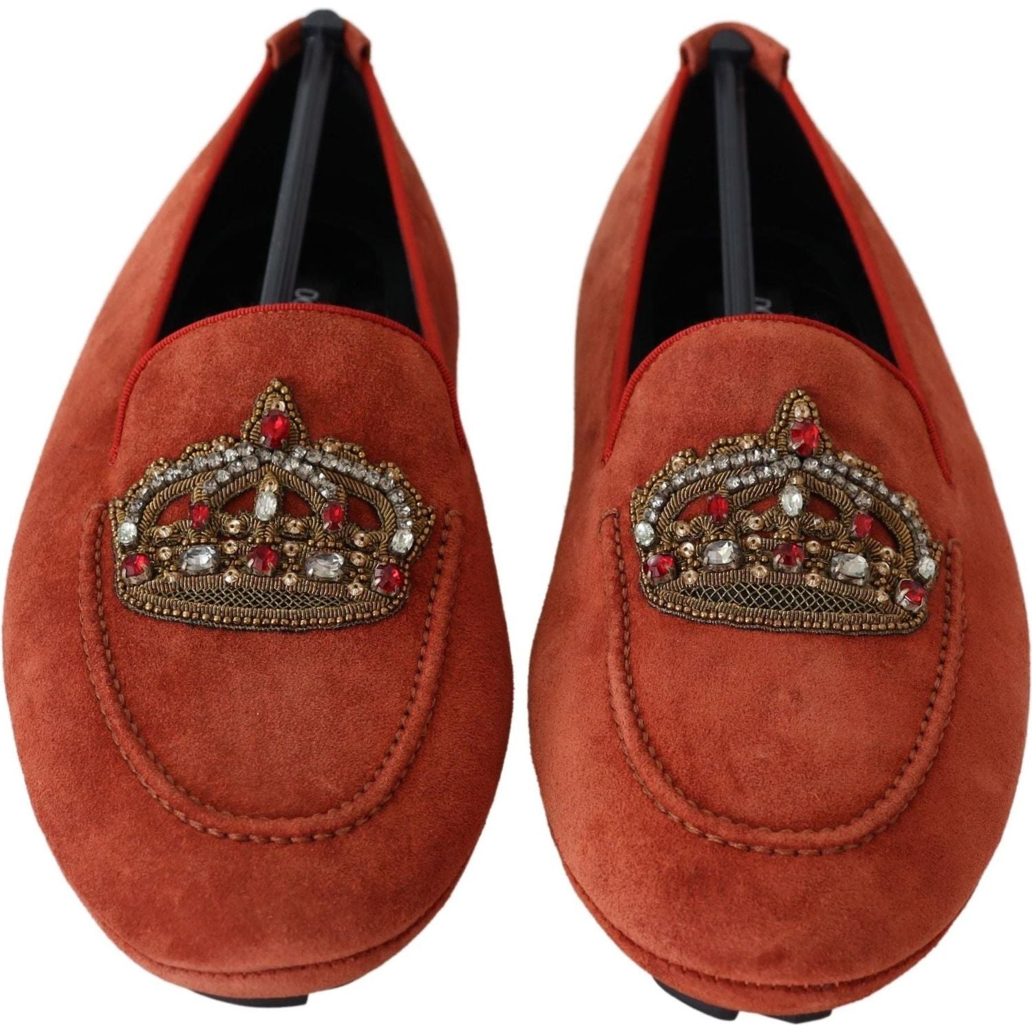 Dolce & Gabbana Orange Leather Crystal Crown  Loafers Shoes