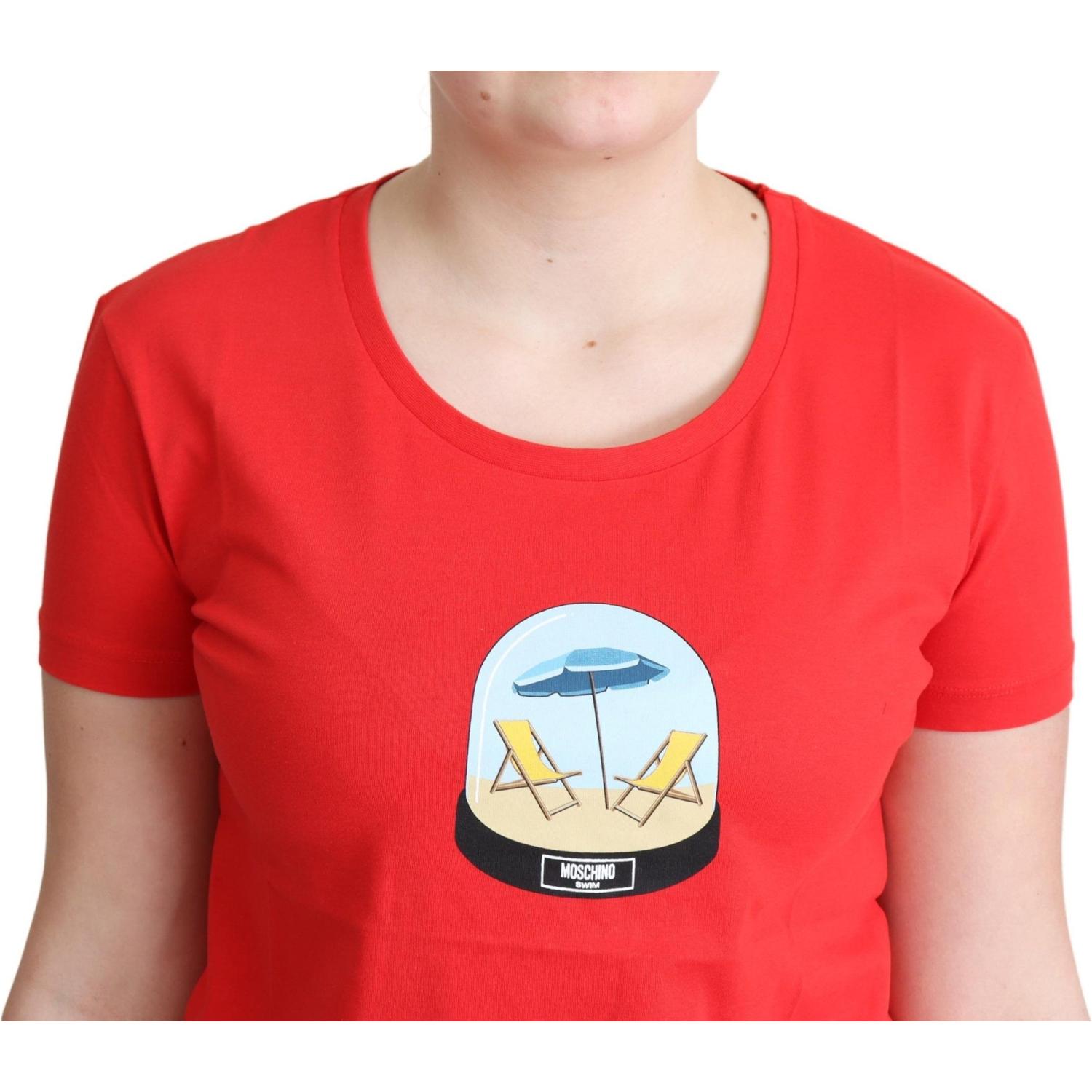 تي شيرت موسكينو شيك من القطن باللون الأحمر مع طبعة مميزة