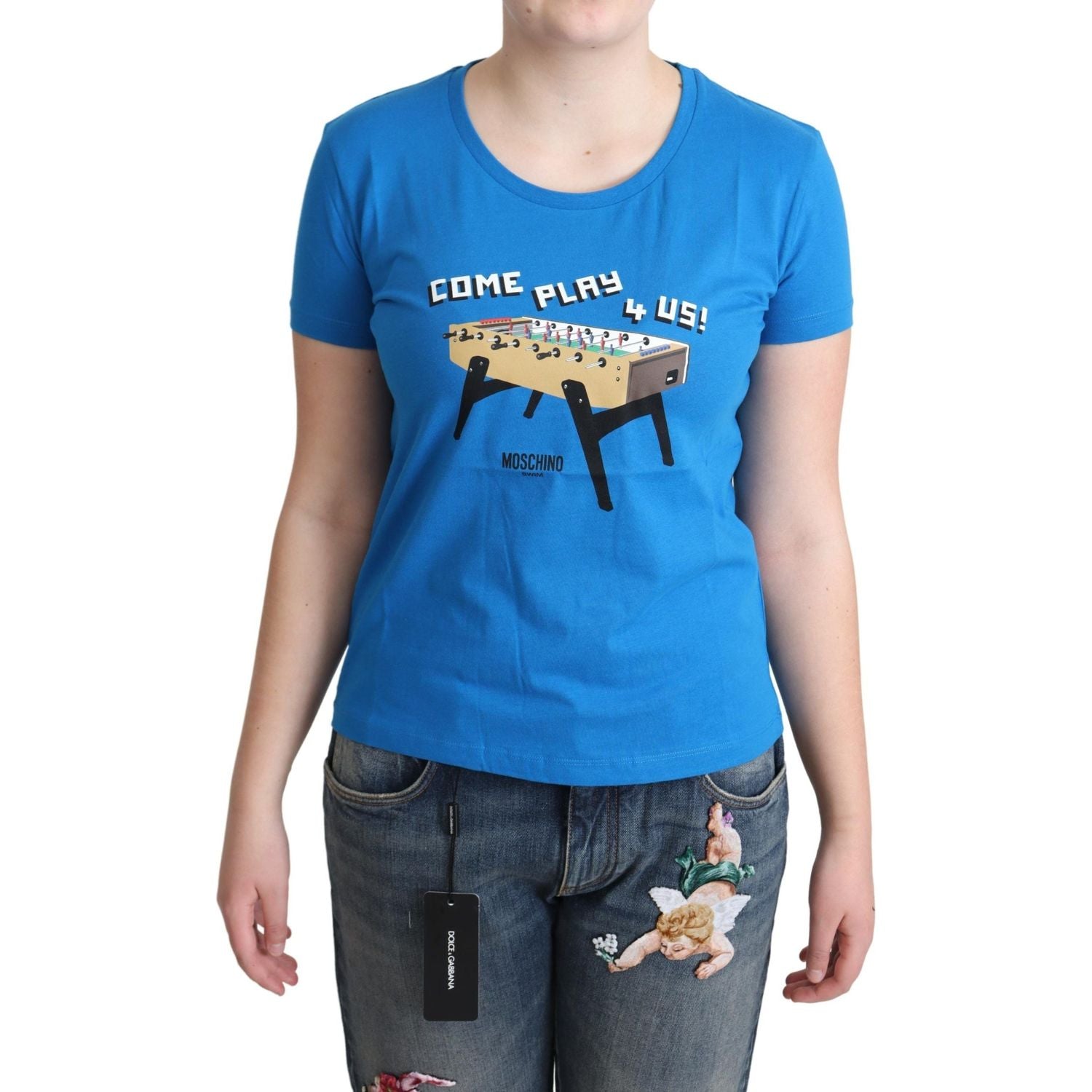 Moschino Blue Cotton Come Play 4 Us Print T-shirt
