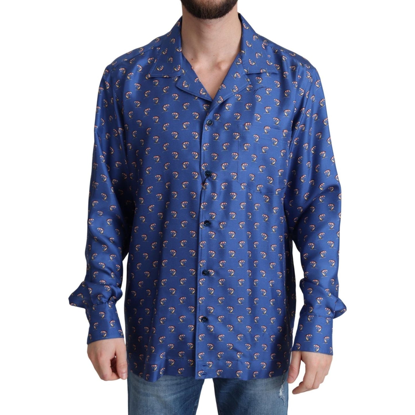 Dolce & Gabbana Blue Beach Chair Umbrella Print Silk Shirt