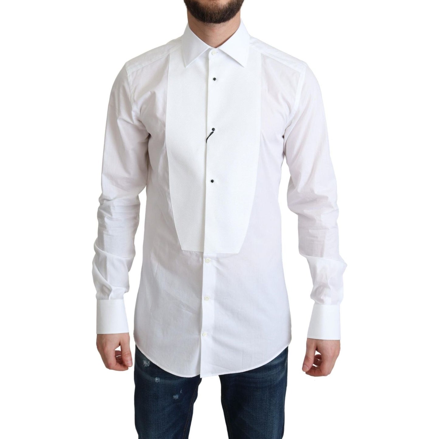 Dolce & Gabbana White Bib Cotton Poplin Men Formal Shirt