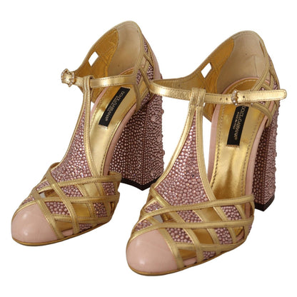 Dolce & Gabbana Pink Gold Leather Crystal Pumps T-strap Shoes