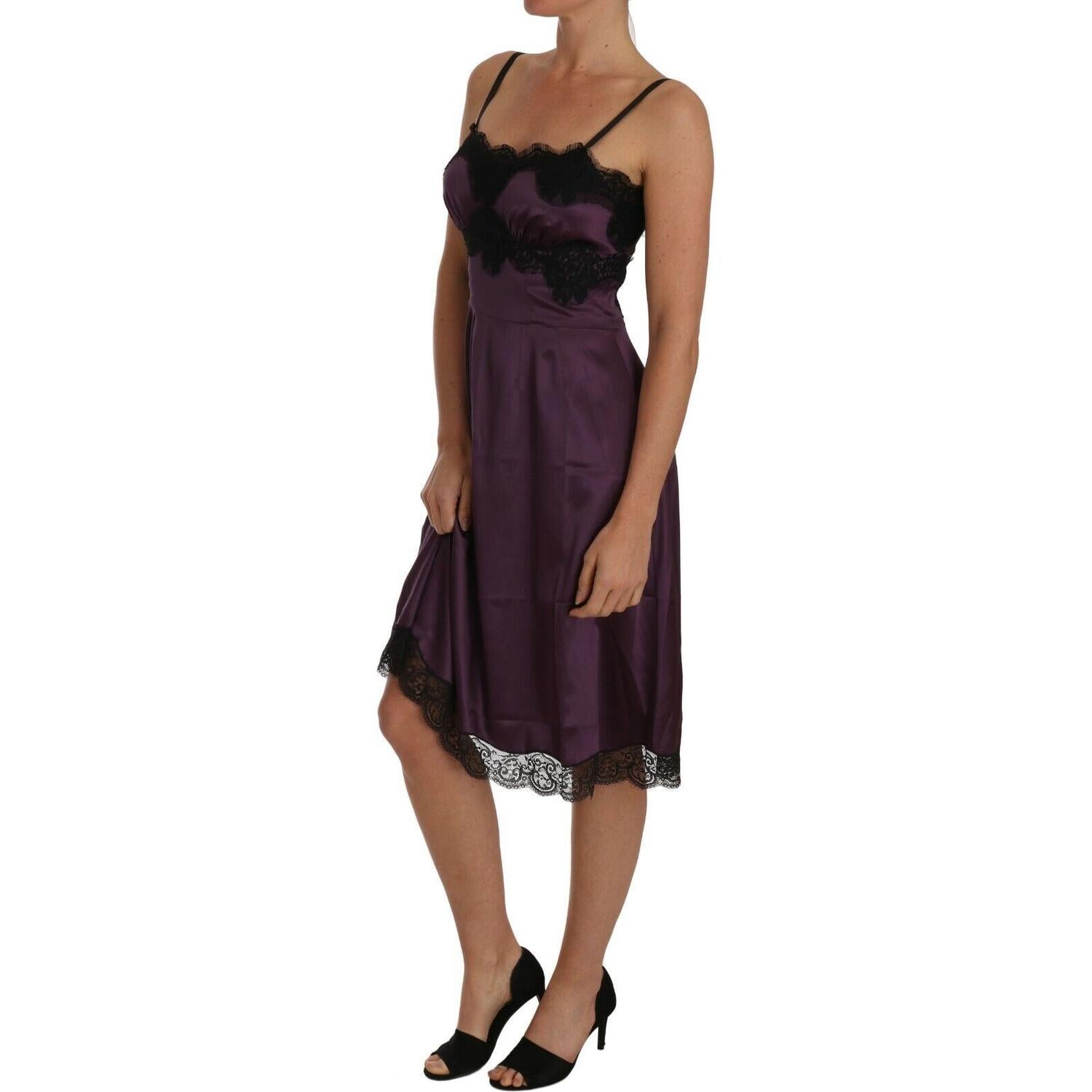Dolce & Gabbana Purple Silk Stretch Black Lace A-Line Dress
