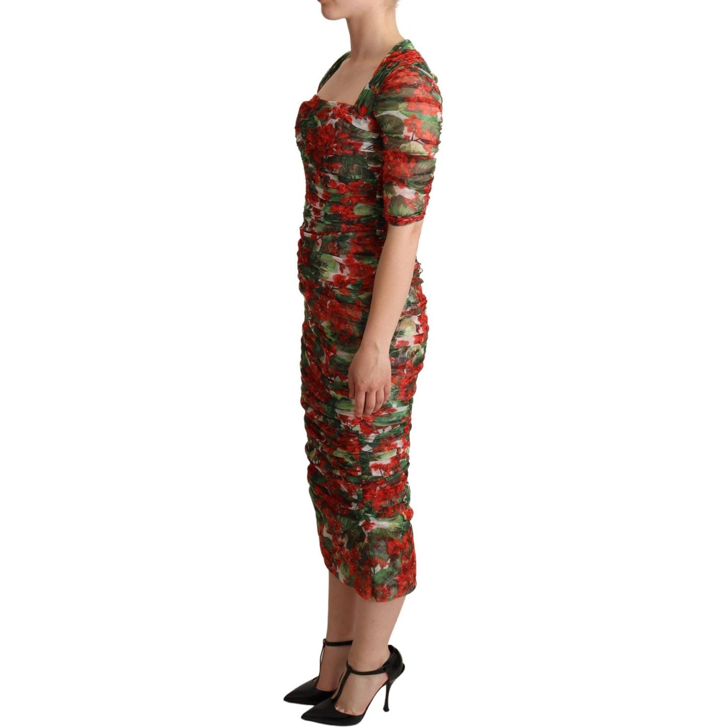 Dolce & Gabbana Red Floral Print Tulle Sheath Midi Dress WOMAN DRESSES